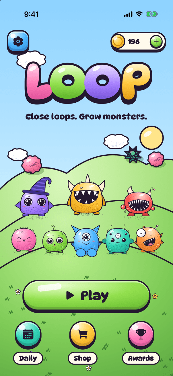 LOOP's home screen: the jelly LOOP logo, the monster family on green hills and a Play button
