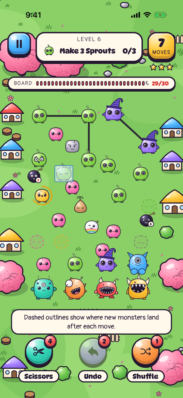 A level: slime monsters, a stone, ice, bombs and a seed on the grass, with lines between matching monsters