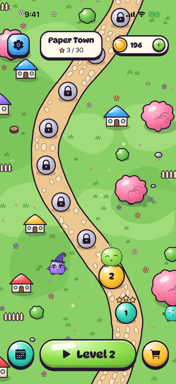 The level map: a winding road through Paper Town with houses, trees and level stops